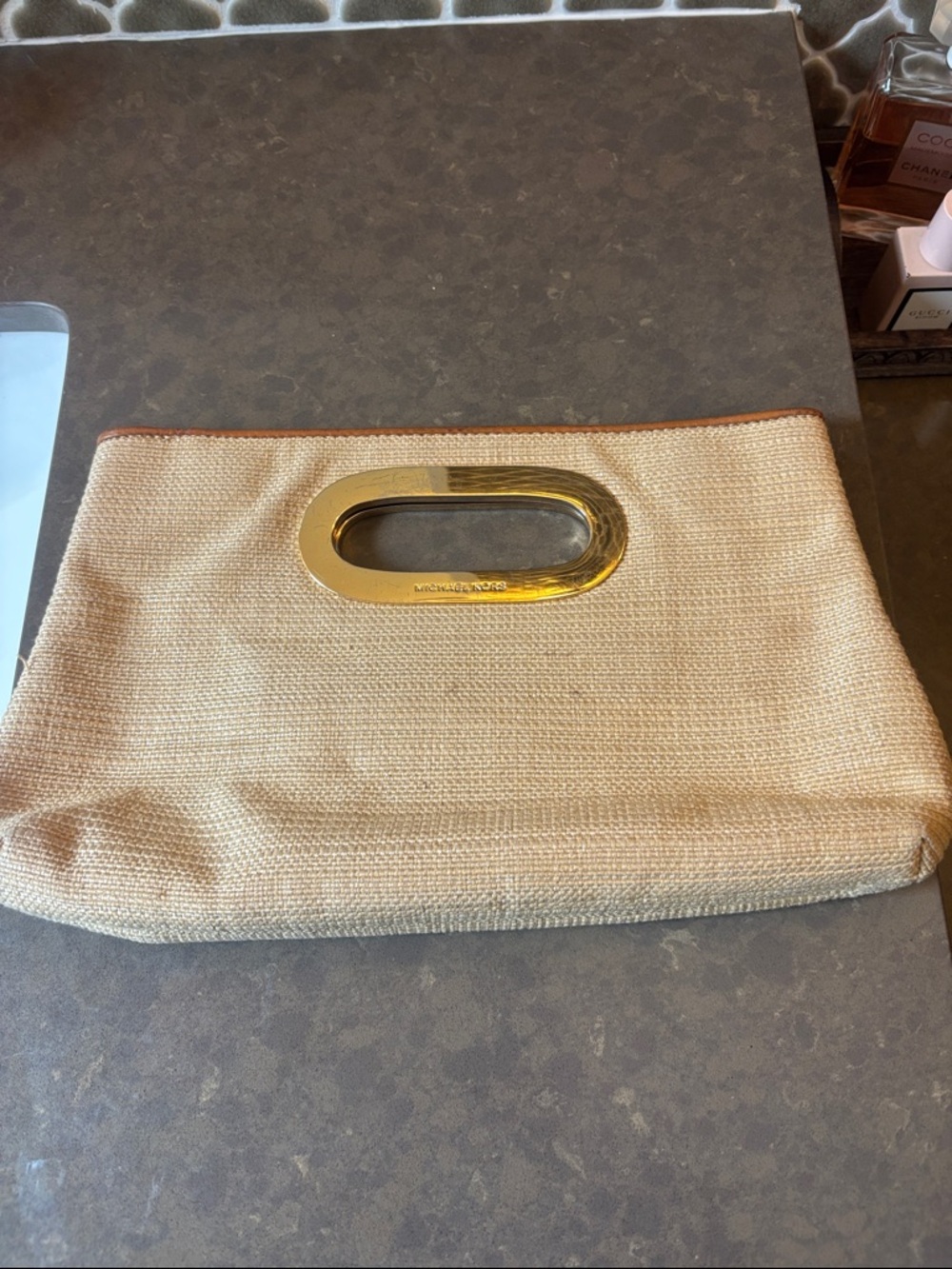 Michael Kors Natural Straw Clutch with Gold Handle